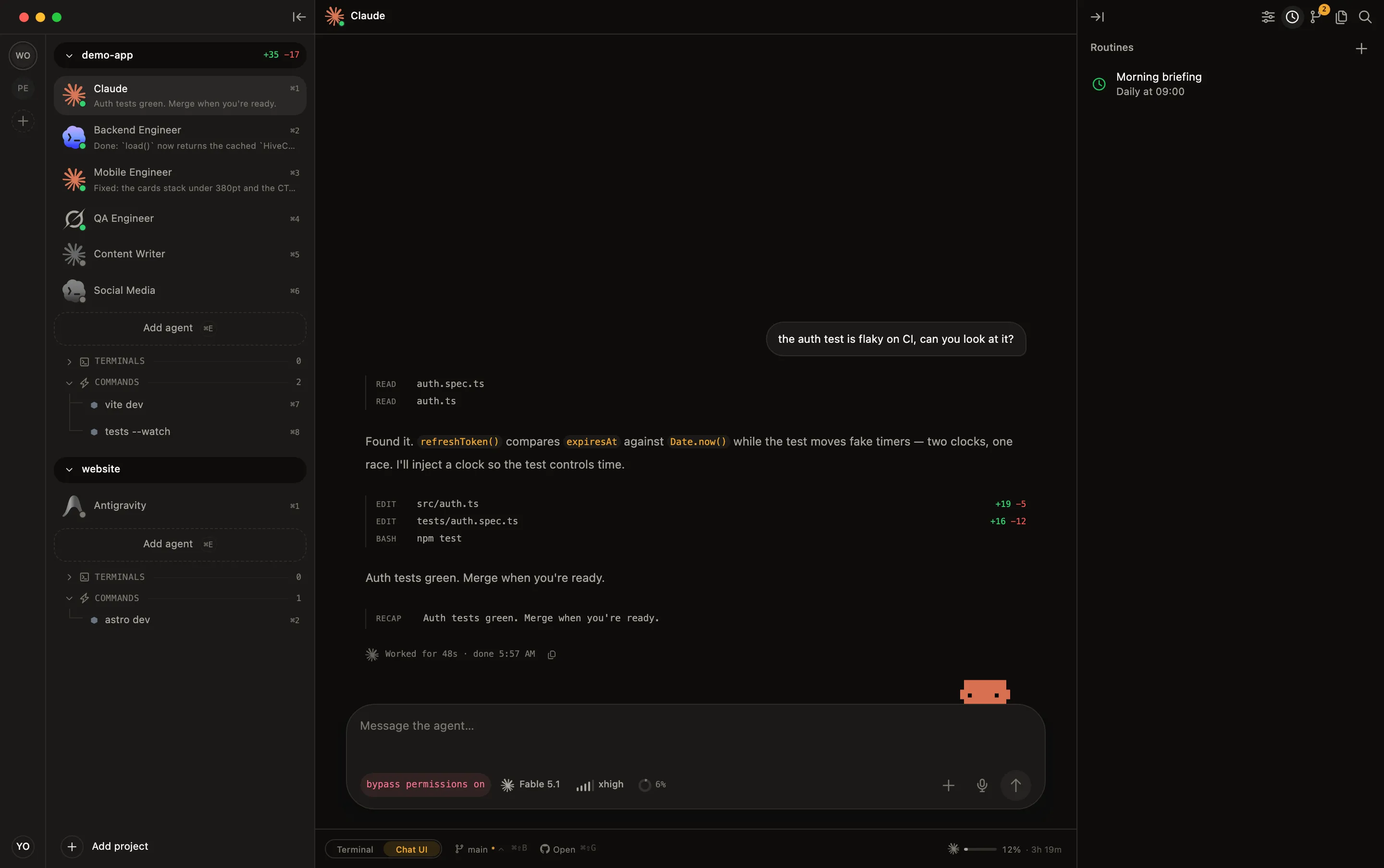 HiveTerm with Claude Code in the chat view: the conversation, tool calls and recap, three projects in the sidebar and the agent's routines column